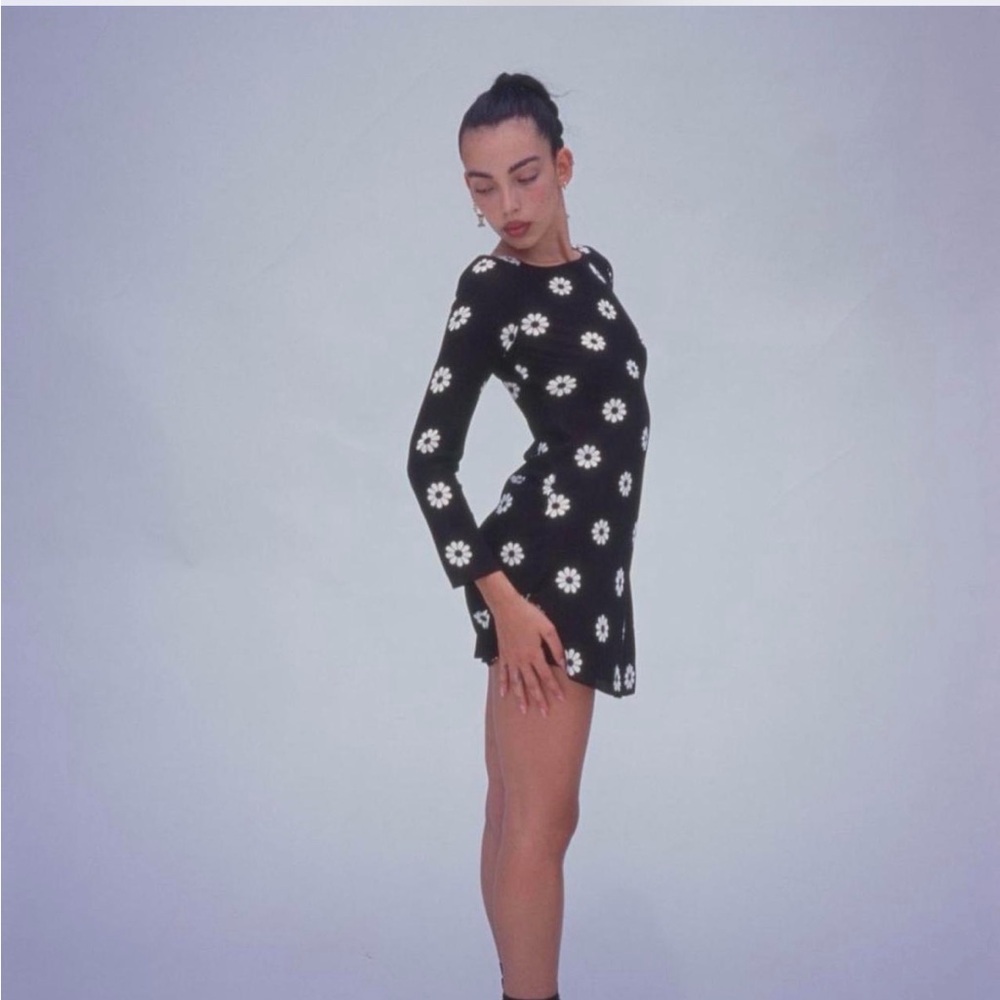 Realisation Par Black Mini Dress with White Daisy Motif